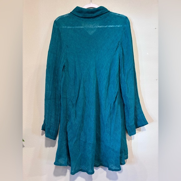 FLAX Linen Button Front Tunic Blouse Teal Green M Relaxed Fit - Picture 7 of 7
